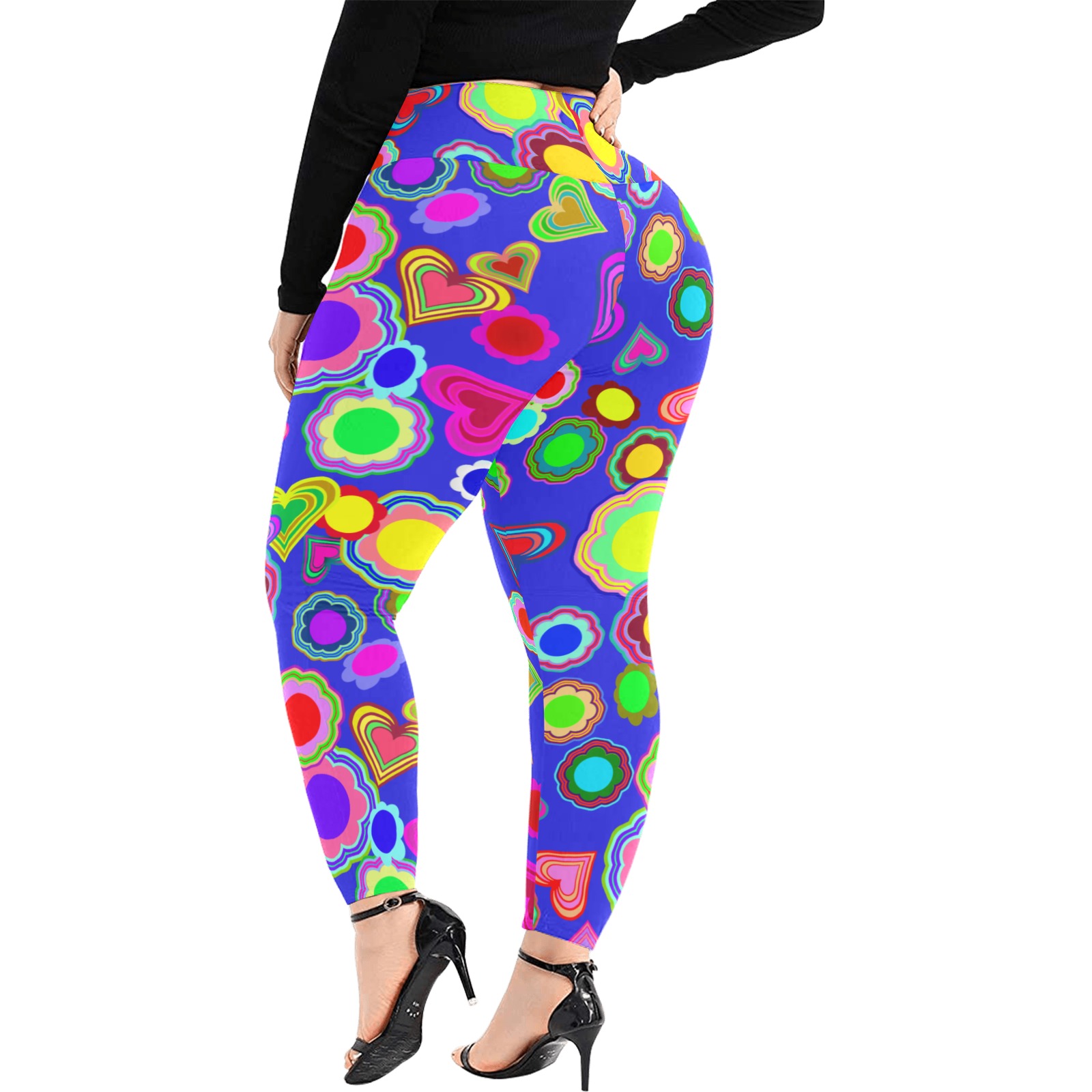 Groovy Hearts and Flowers Blue Women's Extra Plus Size High Waist Leggings (Model L45)