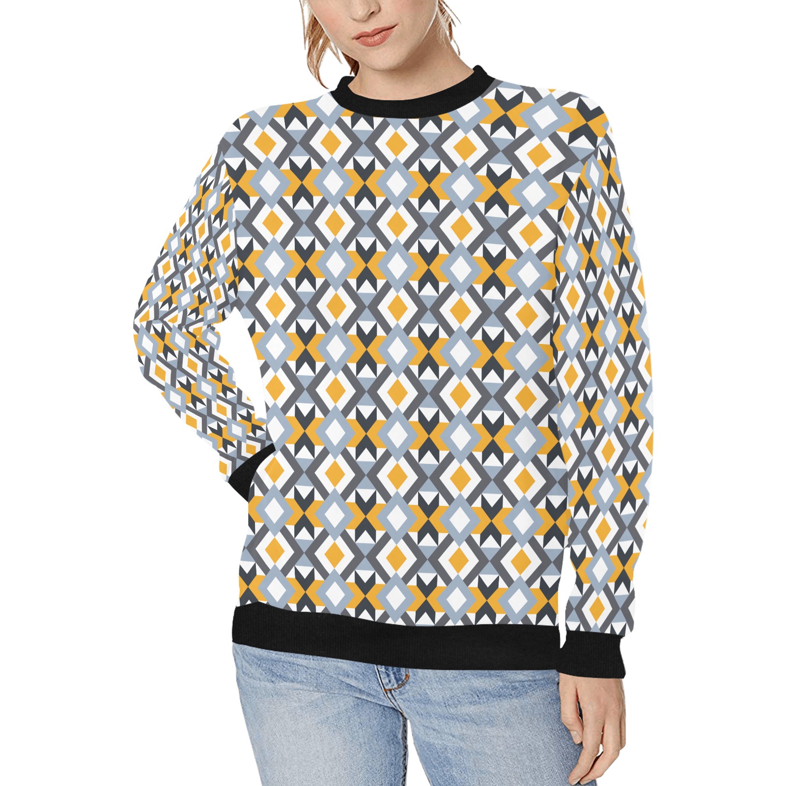 Retro Angles Abstract Geometric Pattern Women's Rib Cuff Crew Neck Sweatshirt (Model H34)