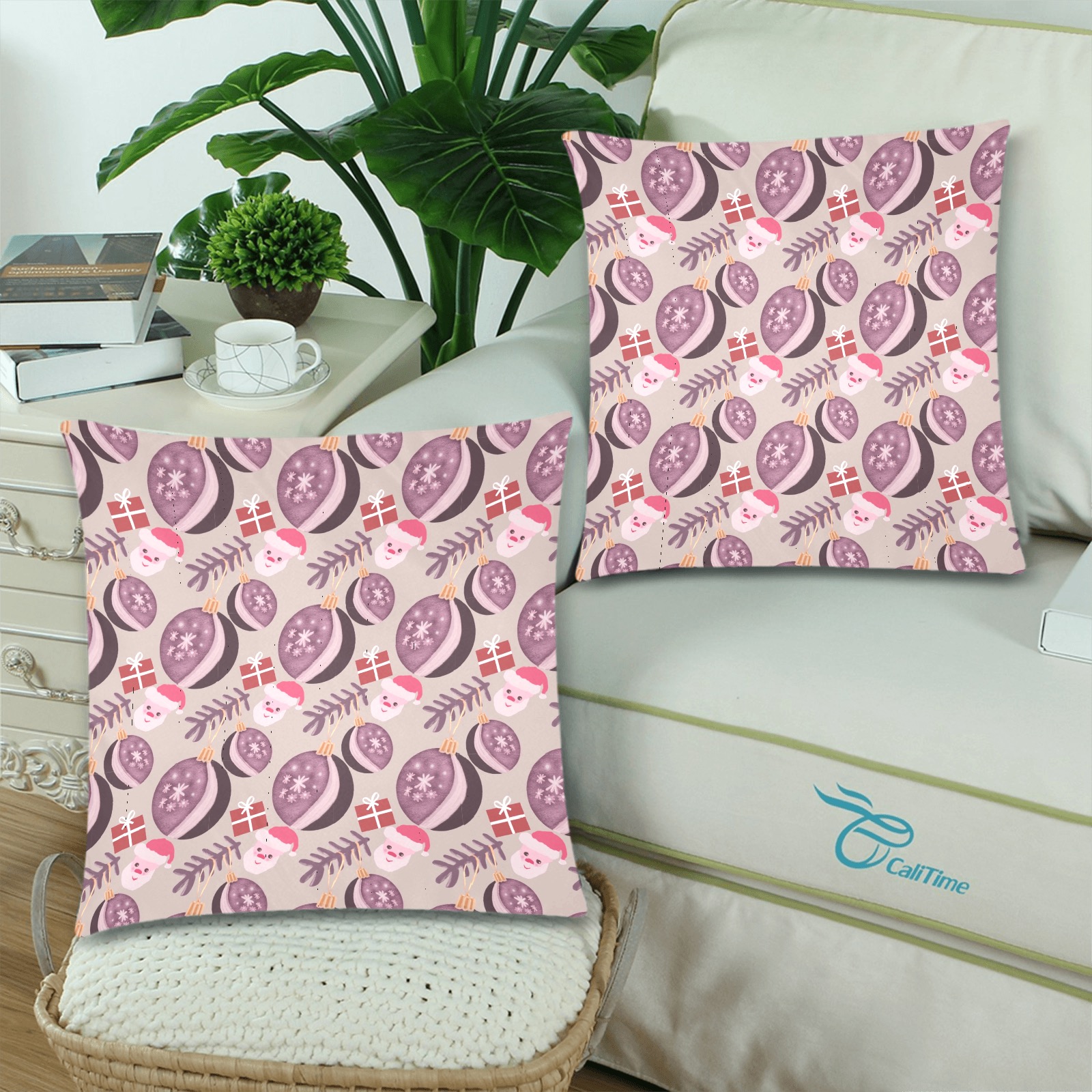 Christmas design-beige Custom Zippered Pillow Cases 18"x 18" (Twin Sides) (Set of 2)