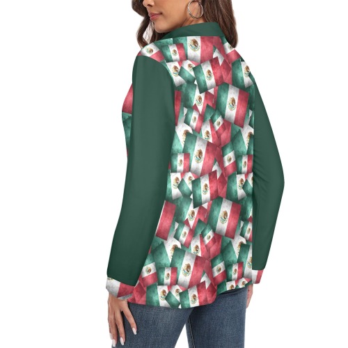 Mexican Flags Pattern / Green Women's Long Sleeve Polo Shirt (Model T73)
