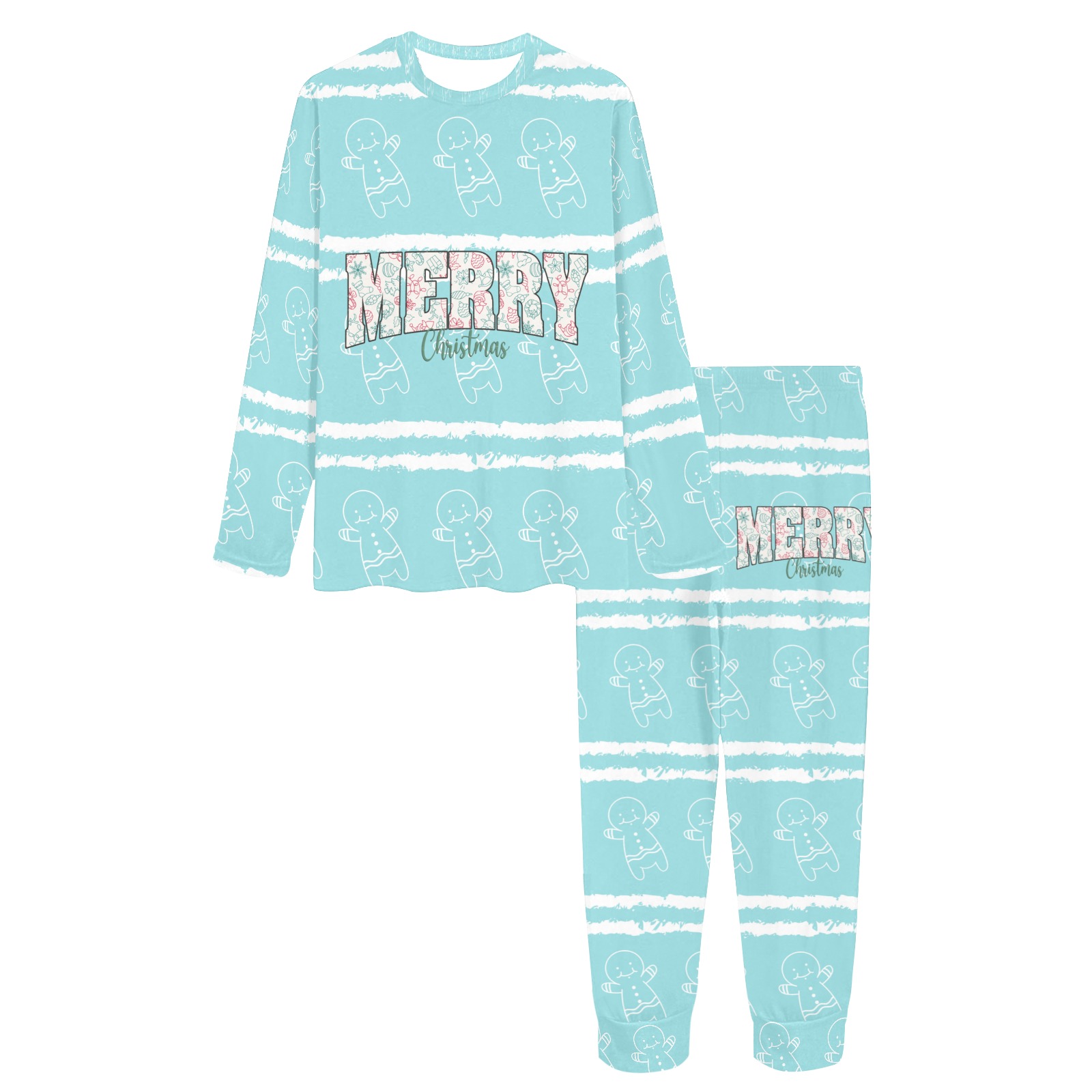 Merry Christmas Light Blue Gingerbread Man Women's All Over Print Pajama Set