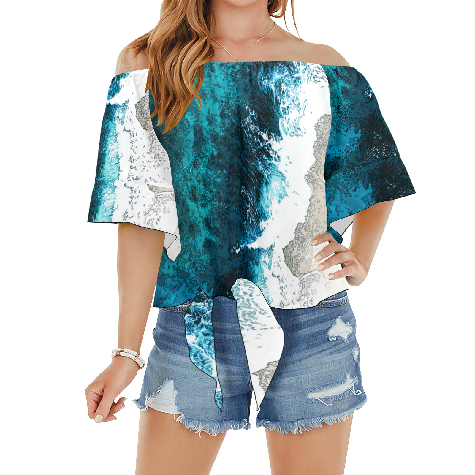 Ocean And Beach Off Shoulder Knot Front Blouse (Model T71)