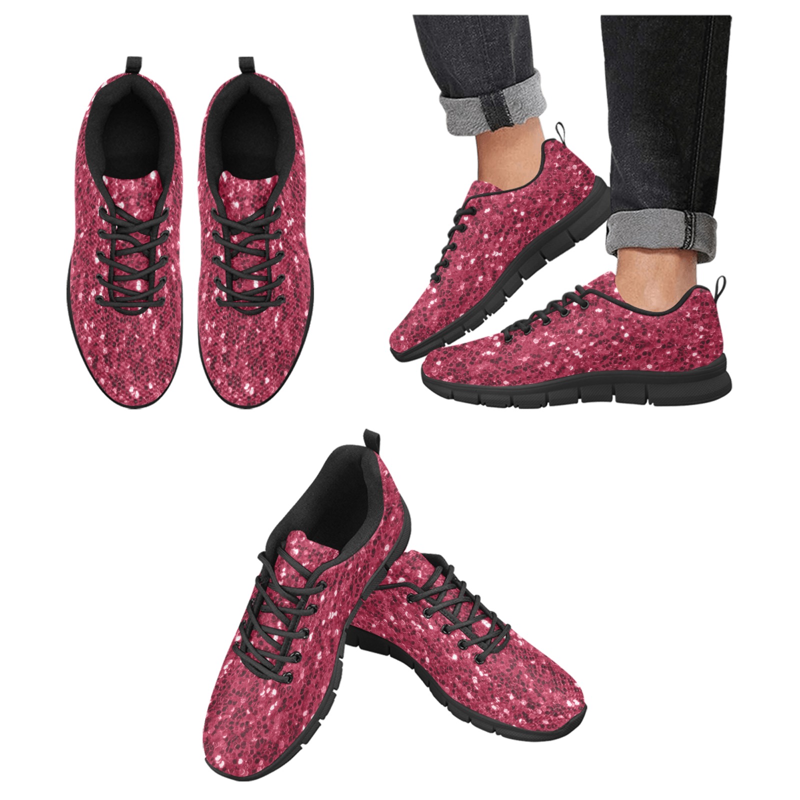 Magenta dark pink red faux sparkles glitter Women's Breathable Running Shoes (Model 055)