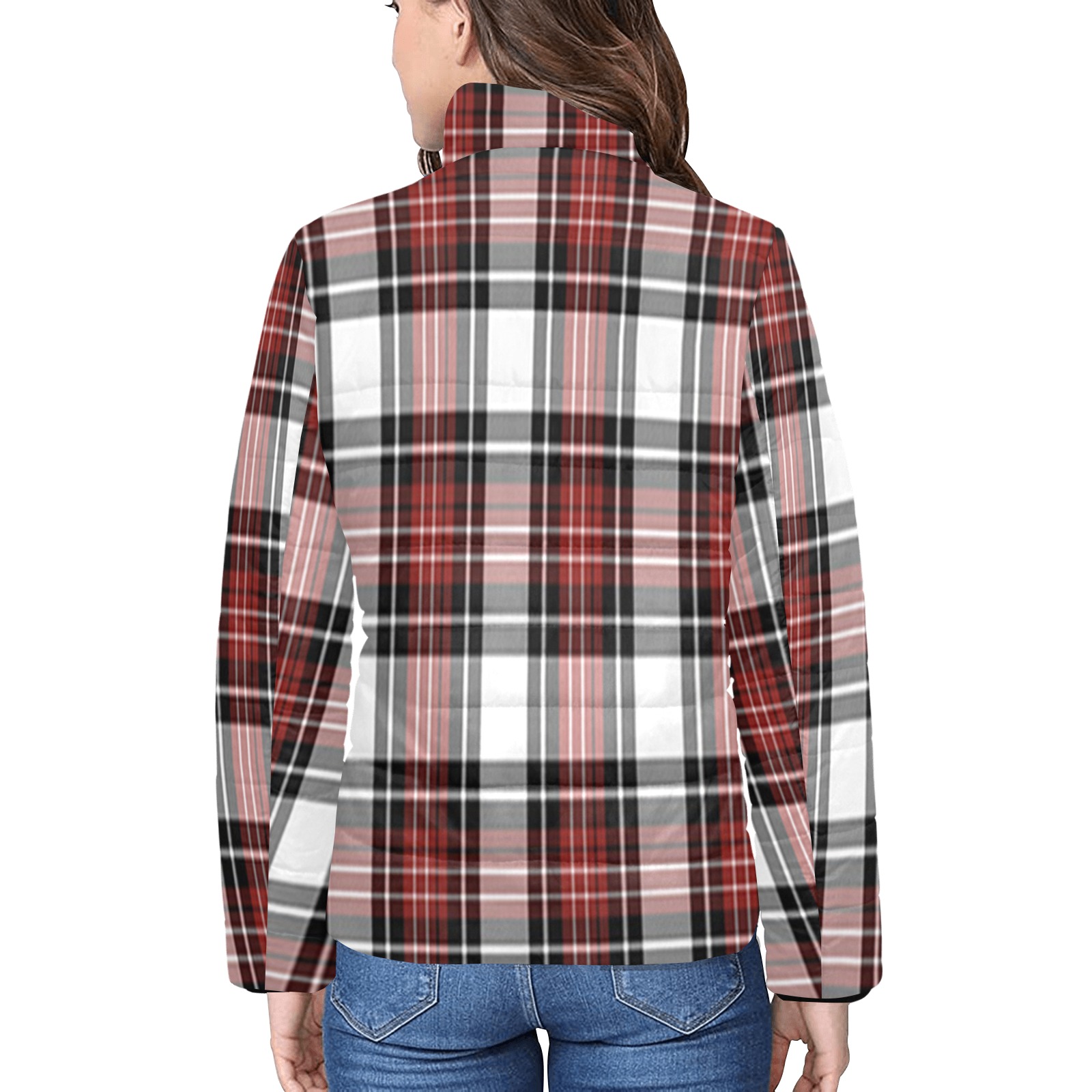 Red Black Plaid Women's Stand Collar Padded Jacket (Model H41)