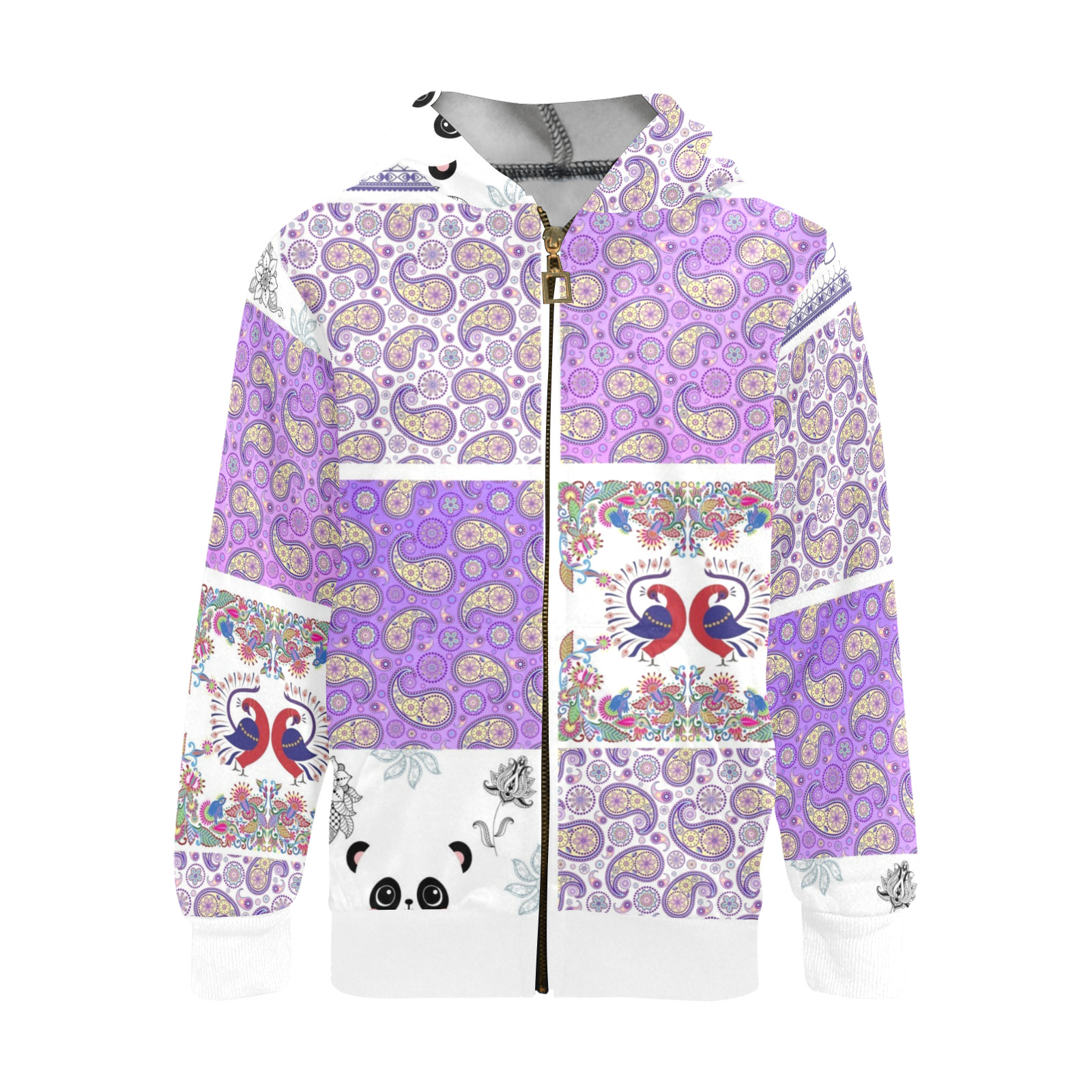 Purple Paisley Birds and Animals Patchwork Design Kids' All Over Print Full Zip Hoodie (Model H39)