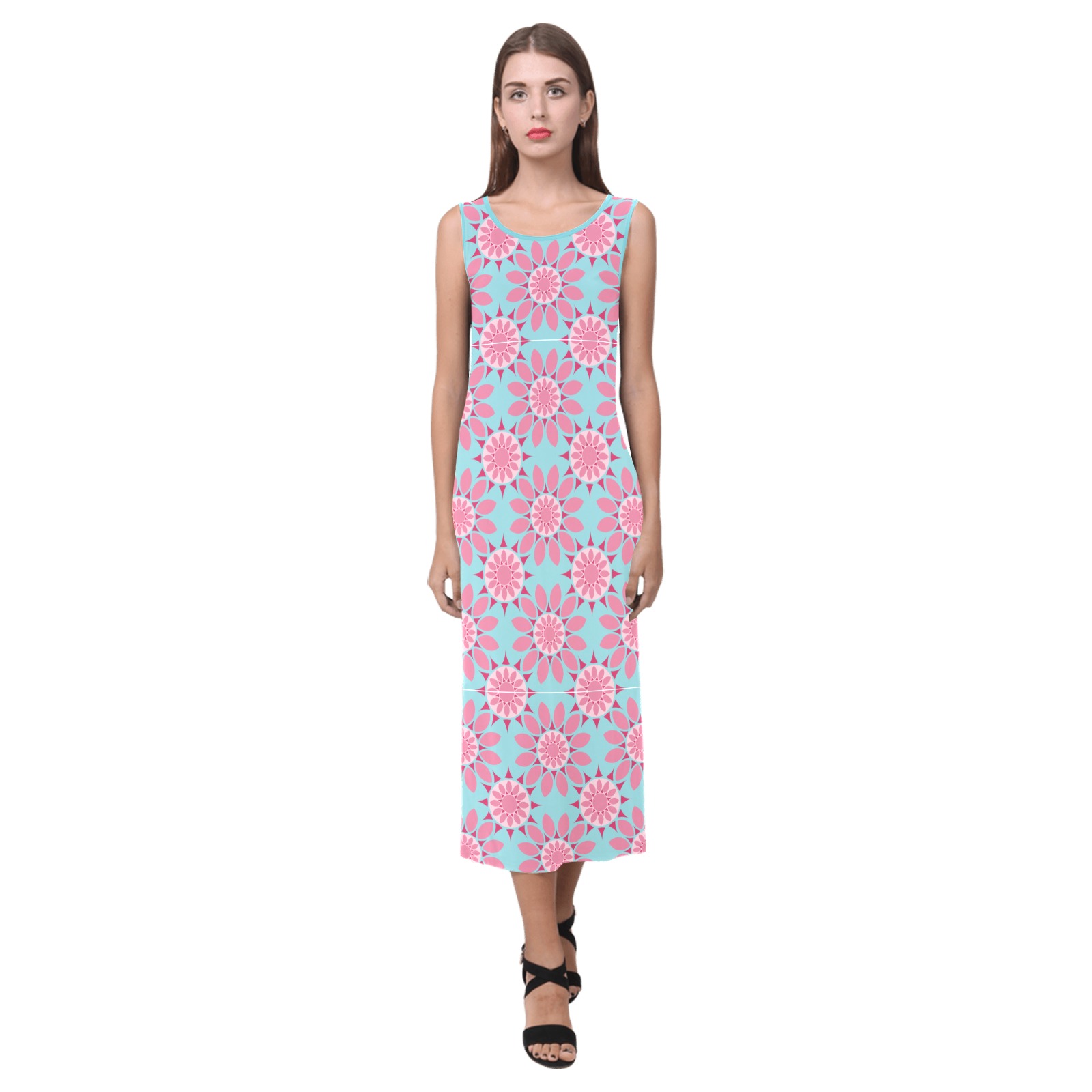 Pink Daisy Pattern Phaedra Sleeveless Open Fork Long Dress (Model D08)