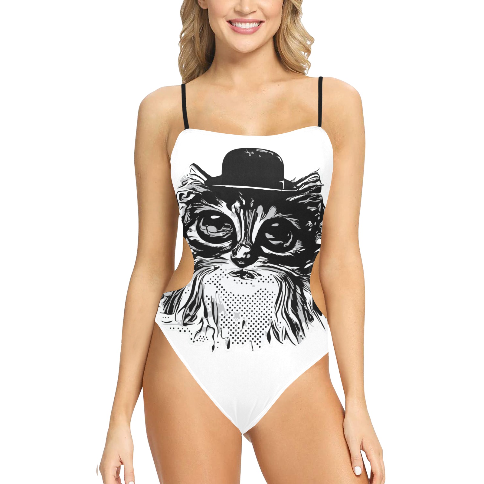 Caricature of a Cute Wide Eyed Kitten Spaghetti Strap Cut Out Sides Swimsuit (Model S28)