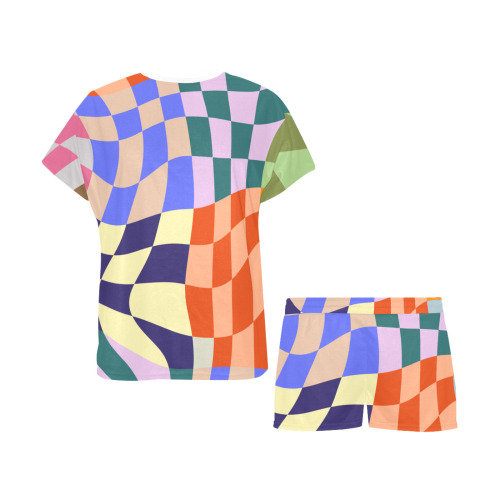 Wavy Groovy Geometric Checkered Retro Abstract Mosaic Pixels Women's Short Pajama Set