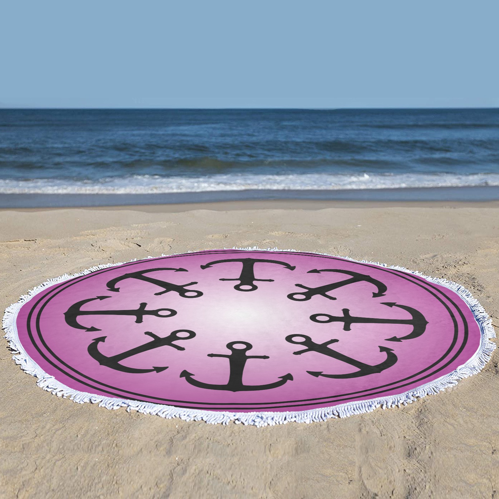Anchors on Hot Pink Circular Beach Shawl Towel 59"x 59"