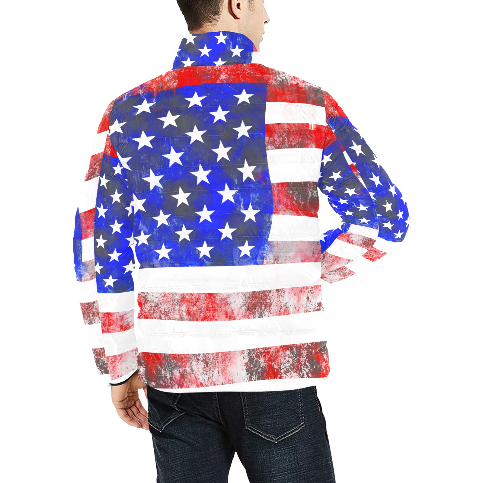 Extreme Grunge American Flag of the USA Men's Stand Collar Padded Jacket (Model H41)