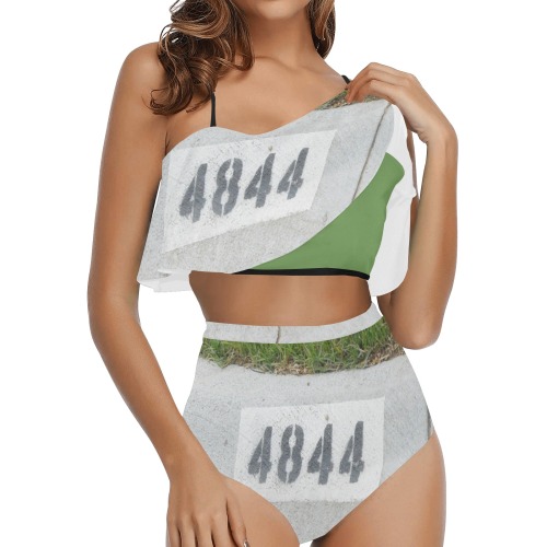 Street Number 4844 with green top High Waisted Ruffle Bikini Set (Model S13)