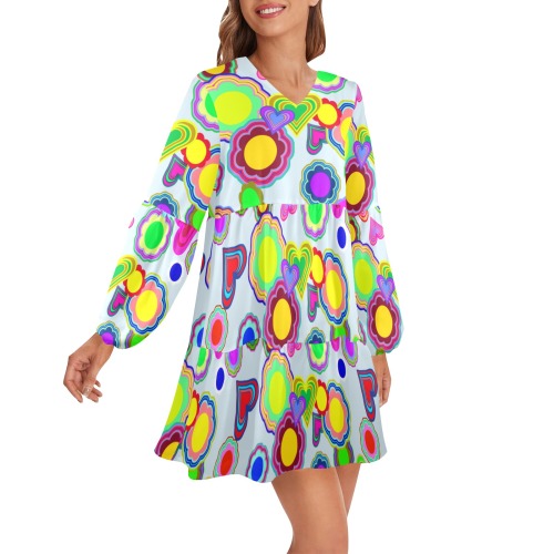 Groovy Hearts and Flowers Blue V-Neck Loose Fit Dress (Model D66)