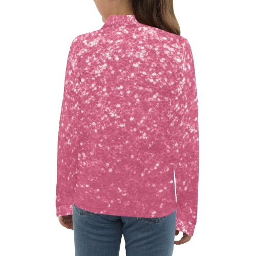 Magenta light pink red faux sparkles glitter Big Girls' All Over Print Long Sleeve Polo Shirt (Model T73)
