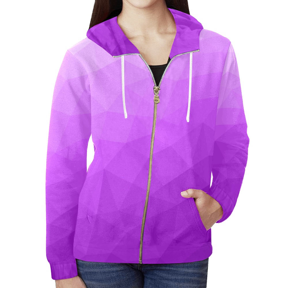Purple gradient geometric mesh pattern All Over Print Full Zip Hoodie for Women (Model H14)