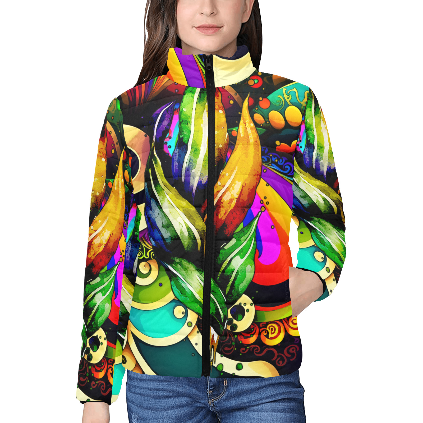 Mardi Gras Colorful New Orleans Women's Stand Collar Padded Jacket (Model H41)