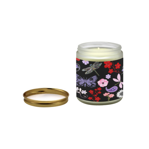 Black, Red, Pink, Purple, Dragonflies, Butterfly and Flowers Design Frosted Glass Candle Cup - Large Size (Lavender&Lemon)