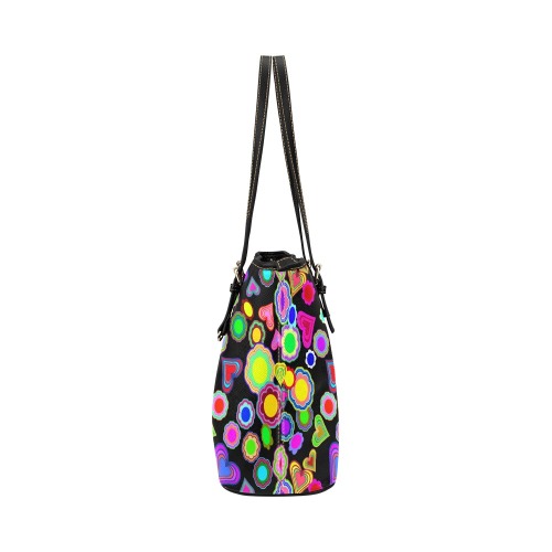 Groovy Hearts and Flowers Black Leather Tote Bag/Small (Model 1651)