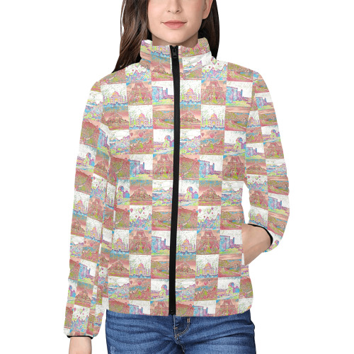 Big Pink and White World travel Collage Pattern Women's Stand Collar Padded Jacket (Model H41)