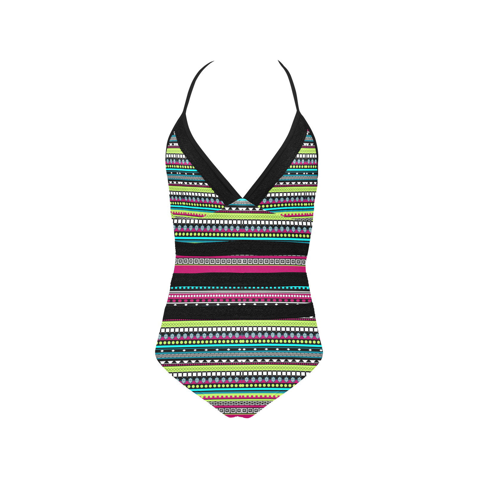 Colorful Aztec pattern texture Lace Band Embossing Swimsuit (Model S15)