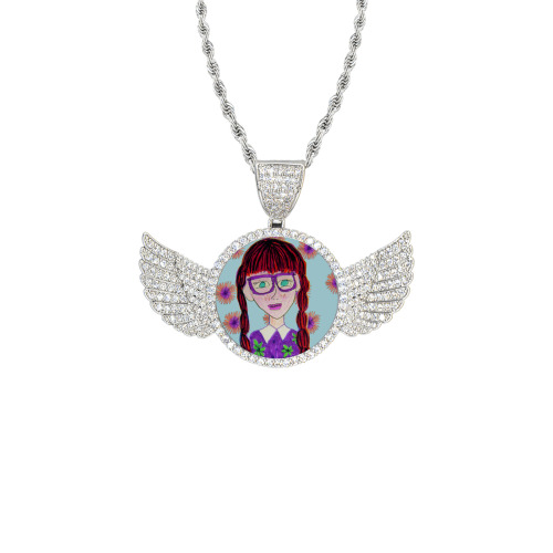 purple glasses girl wall Wings Silver Photo Pendant with Rope Chain