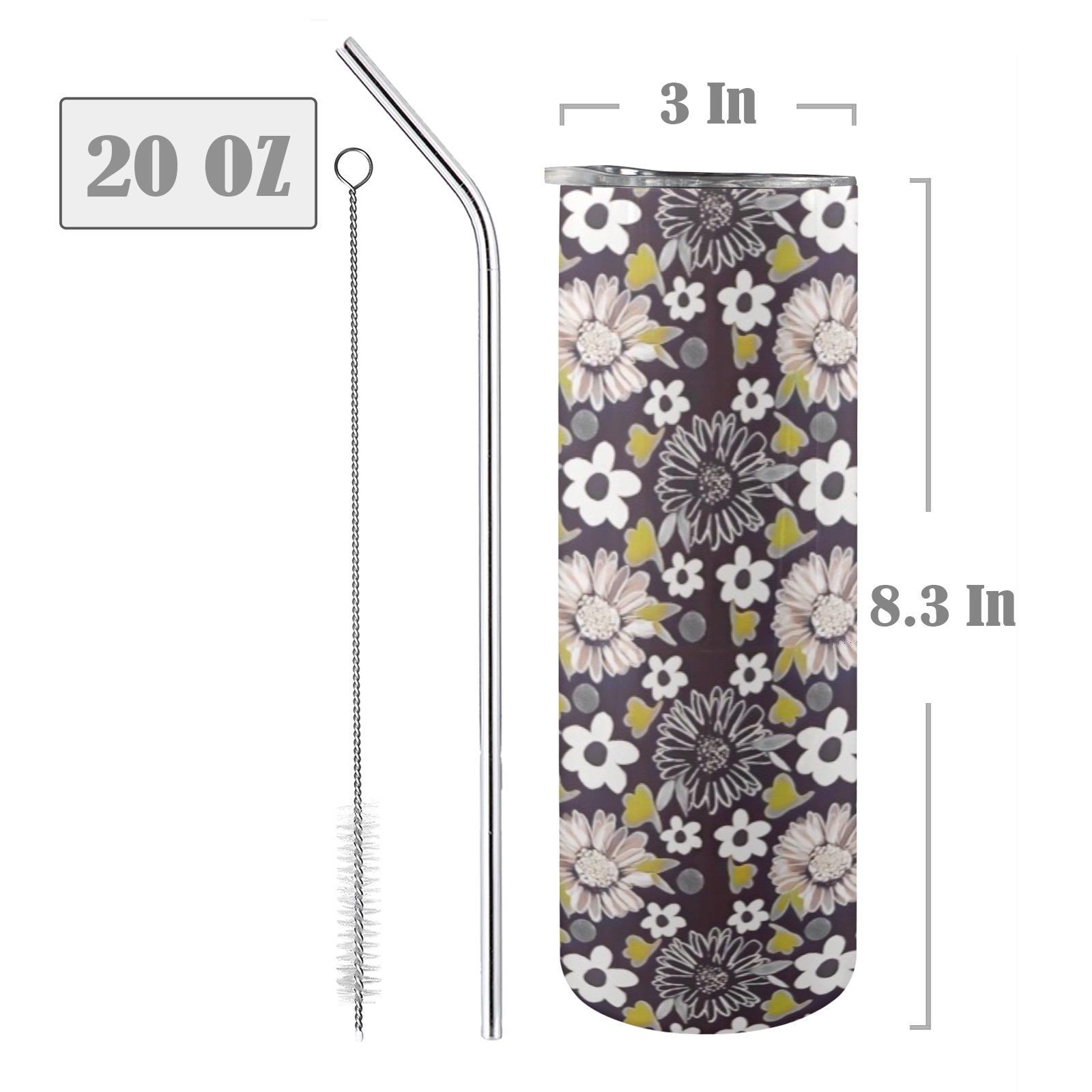 Unique Style Floral Pattern 20oz Tall Skinny Tumbler with Lid and Straw