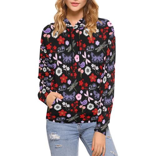 Black, Red, Pink, Purple, Dragonflies, Butterfly and Flowers Design All Over Print Hoodie for Women (USA Size) (Model H13)