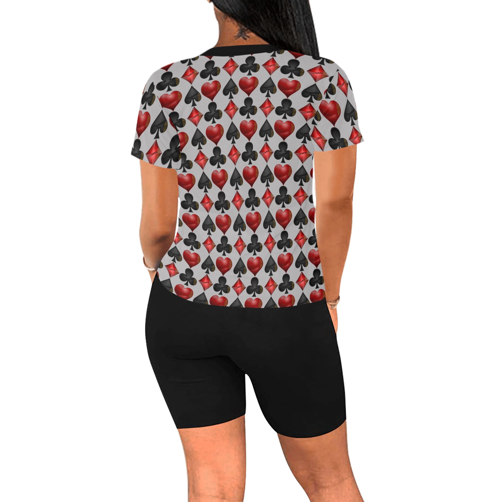 Black and Red Casino Card Shapes on Silver Women's Short Yoga Set