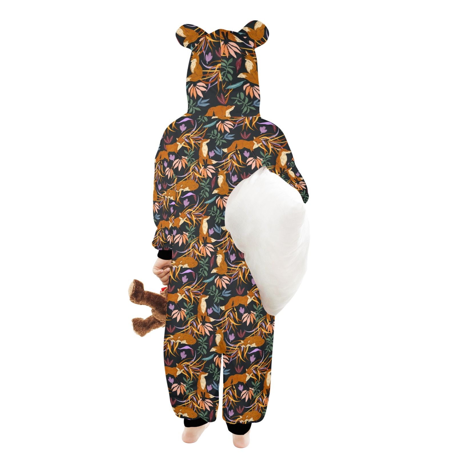 Nice foxes on the colorful plants One-Piece Zip up Hooded Pajamas for Little Kids