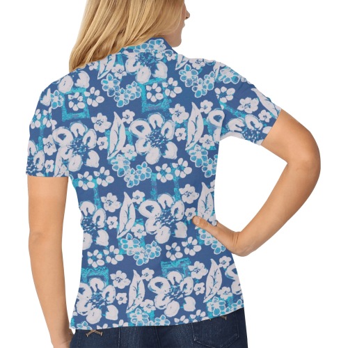 Blue White Floral Unique Women's All Over Print Polo Shirt (Model T55)