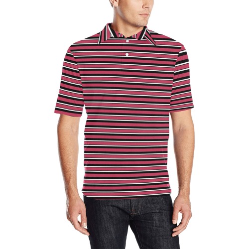 Magenta, Black and White Stripes Men's All Over Print Polo Shirt (Model T55)