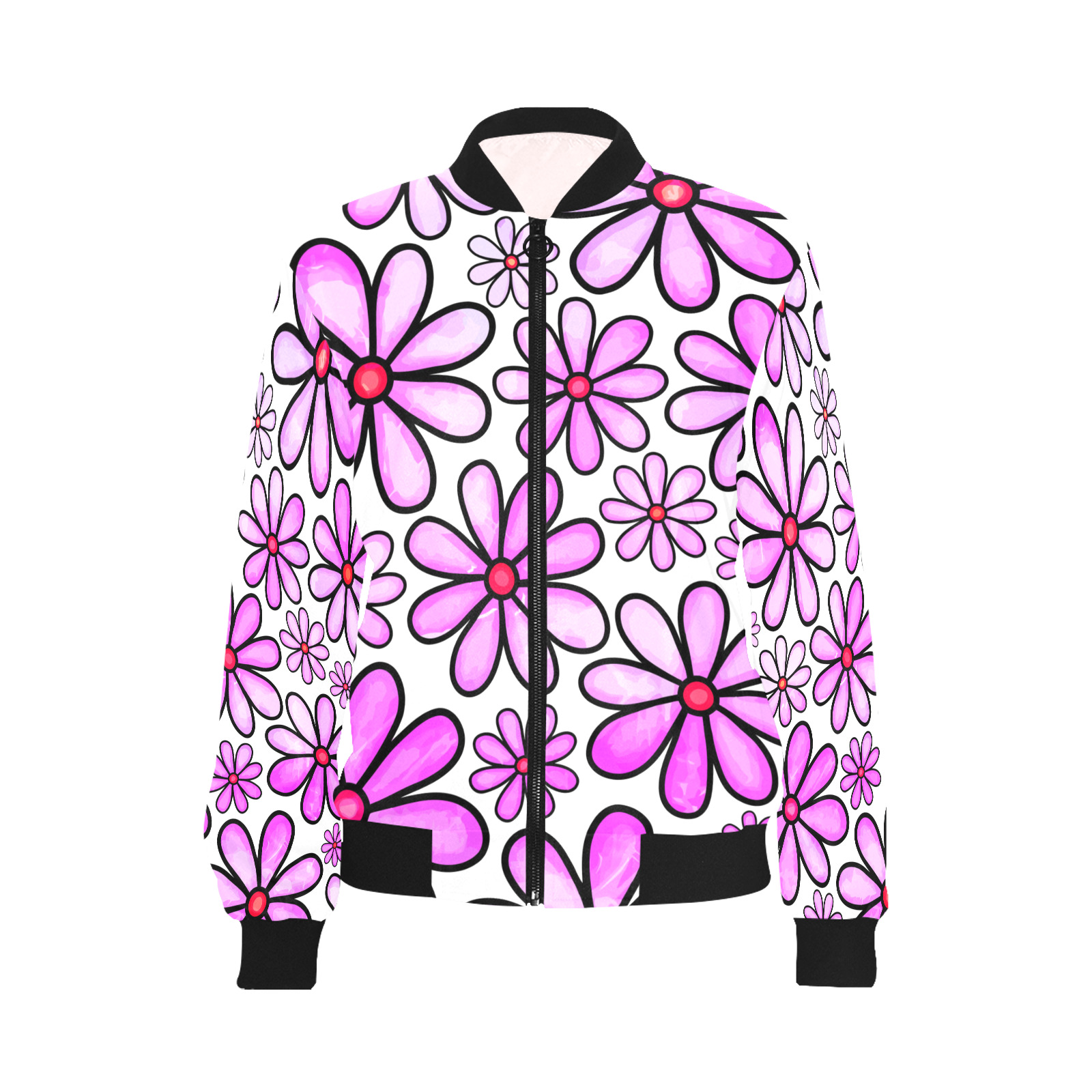 Pink Watercolor Doodle Daisy Flower Pattern All Over Print Bomber Jacket for Women (Model H36)