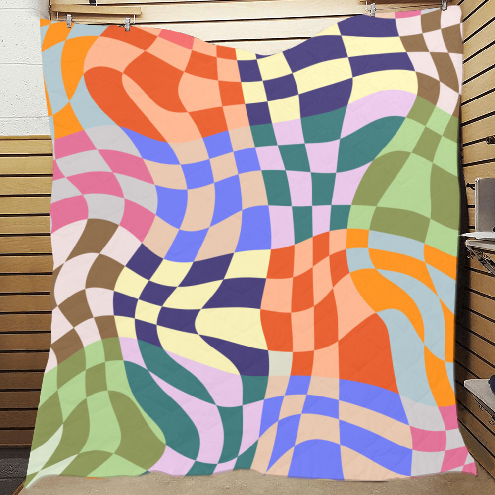 Wavy Groovy Geometric Checkered Retro Abstract Mosaic Pixels Quilt 70"x80"