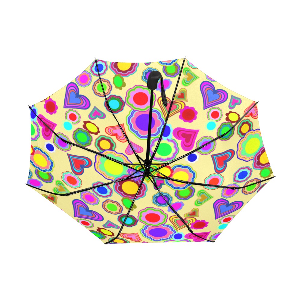 Groovy Hearts and Flowers Yellow Anti-UV Auto-Foldable Umbrella (Underside Printing) (U06)