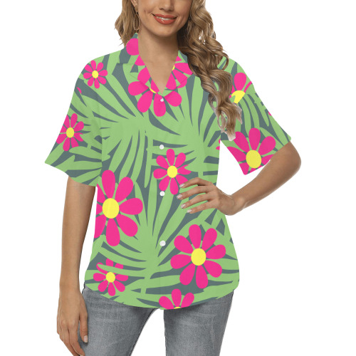 Pink Exotic Paradise Jungle Flowers and Leaves All Over Print Hawaiian Shirt for Women (Model T58)