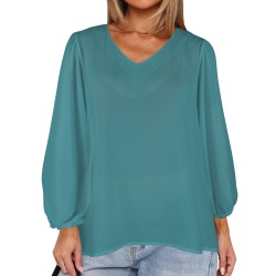 Harbor Blue Women's Loose V-Neck Long Puff Sleeve Top (Model H70)