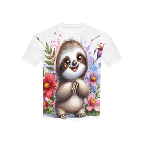 Watercolor Sloth 1 Kids' Mesh Cloth T-Shirt with Solid Color Neck (Model T40)