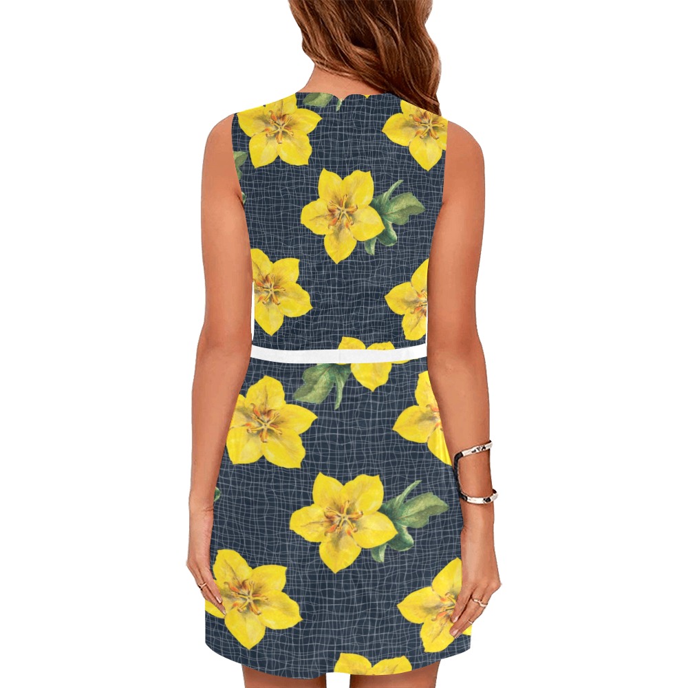 yellow flora print copy Eos Women's Sleeveless Dress (Model D01)