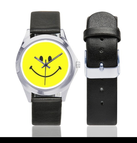 Happy Face Unisex Silver-Tone Round Leather Watch (Model 216)