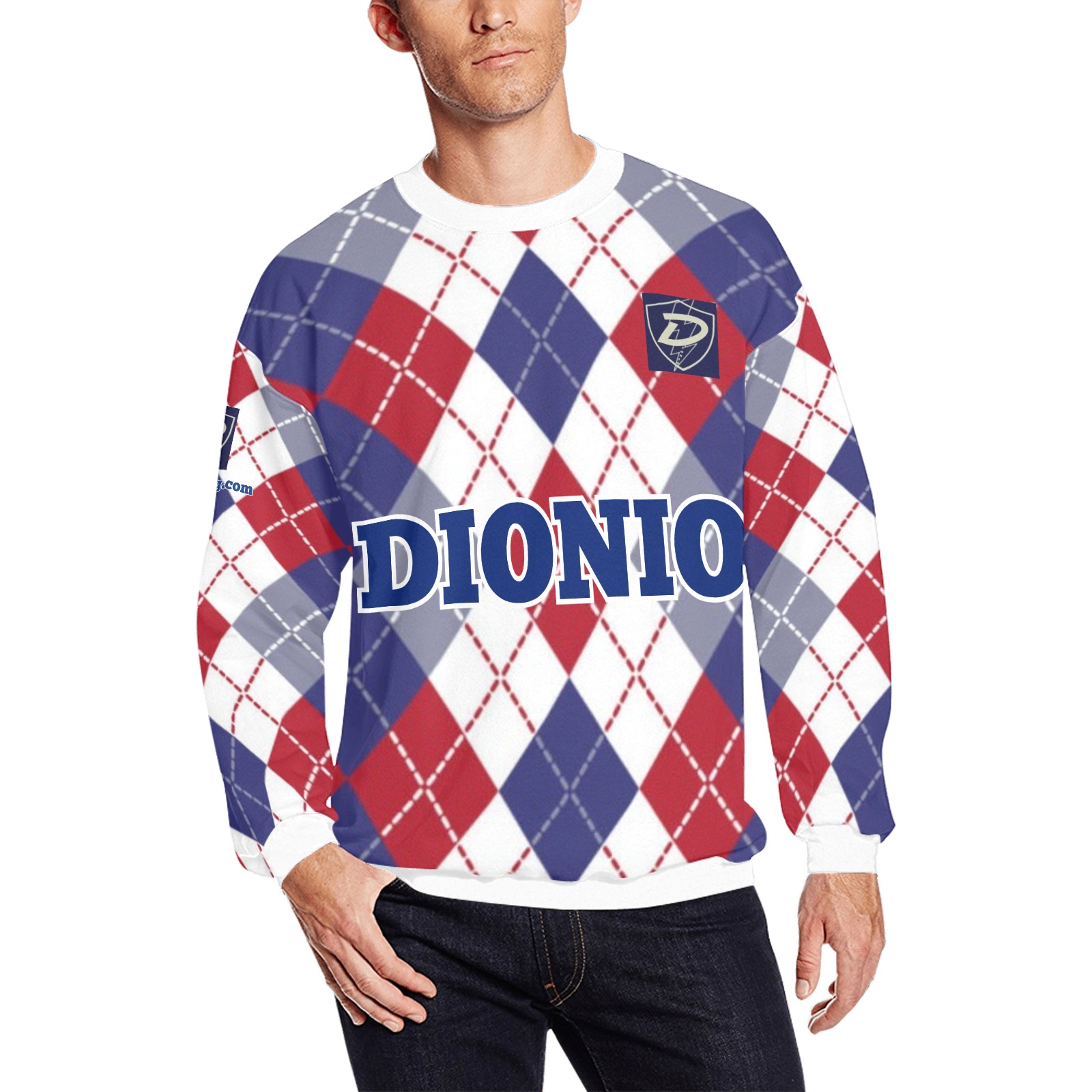 DIONIO Clothing - Argyle White Red,& Blue Sweatshirt (D-Shield Logo) Men's Oversized Fleece Crew Sweatshirt (Model H18)