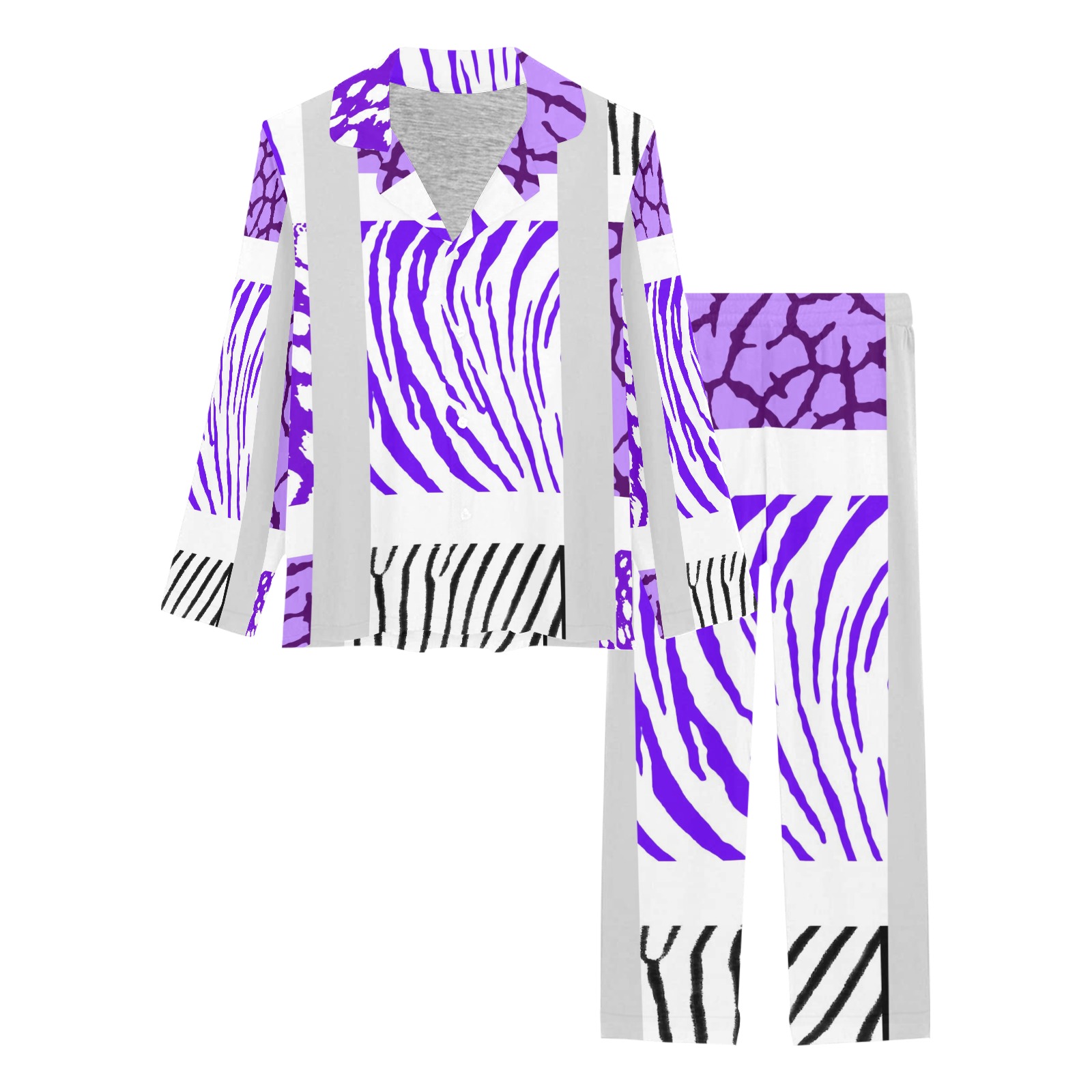 White and Purple Mixed Animal Print Women's Long Pajama Set