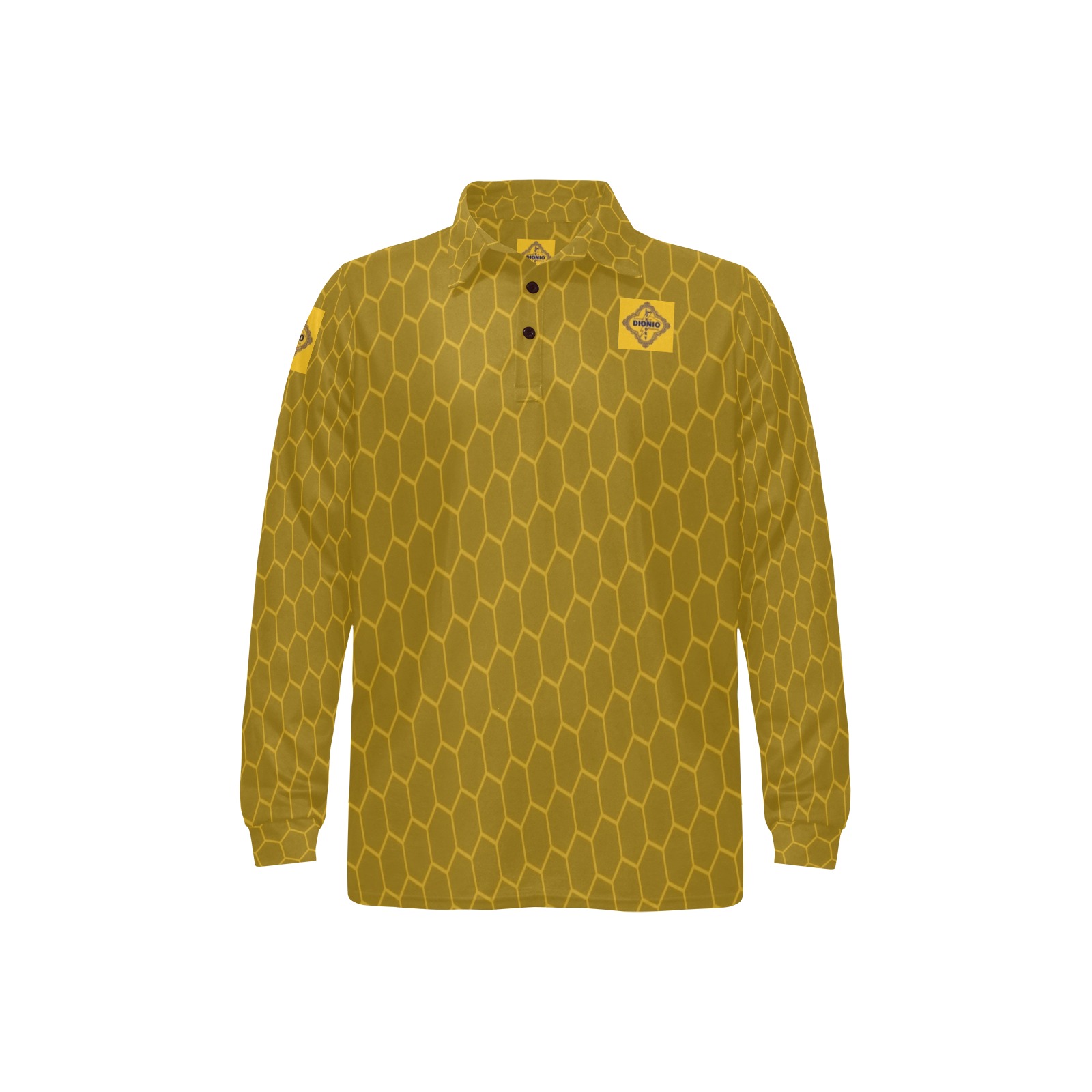 DIONIO Clothing - Diamond Geometric Polo Shirt (Badge & Gold) Men's Long Sleeve Polo Shirt (Model T73)