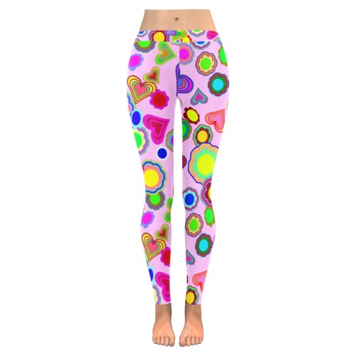 Groovy Hearts and Flowers Pink Women's Low Rise Leggings (Invisible Stitch) (Model L05)