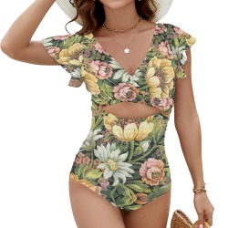 grandma's comfy couch vintage floral Women's Twist Front Ruffle Sleeve Swimsuit (Model S55)