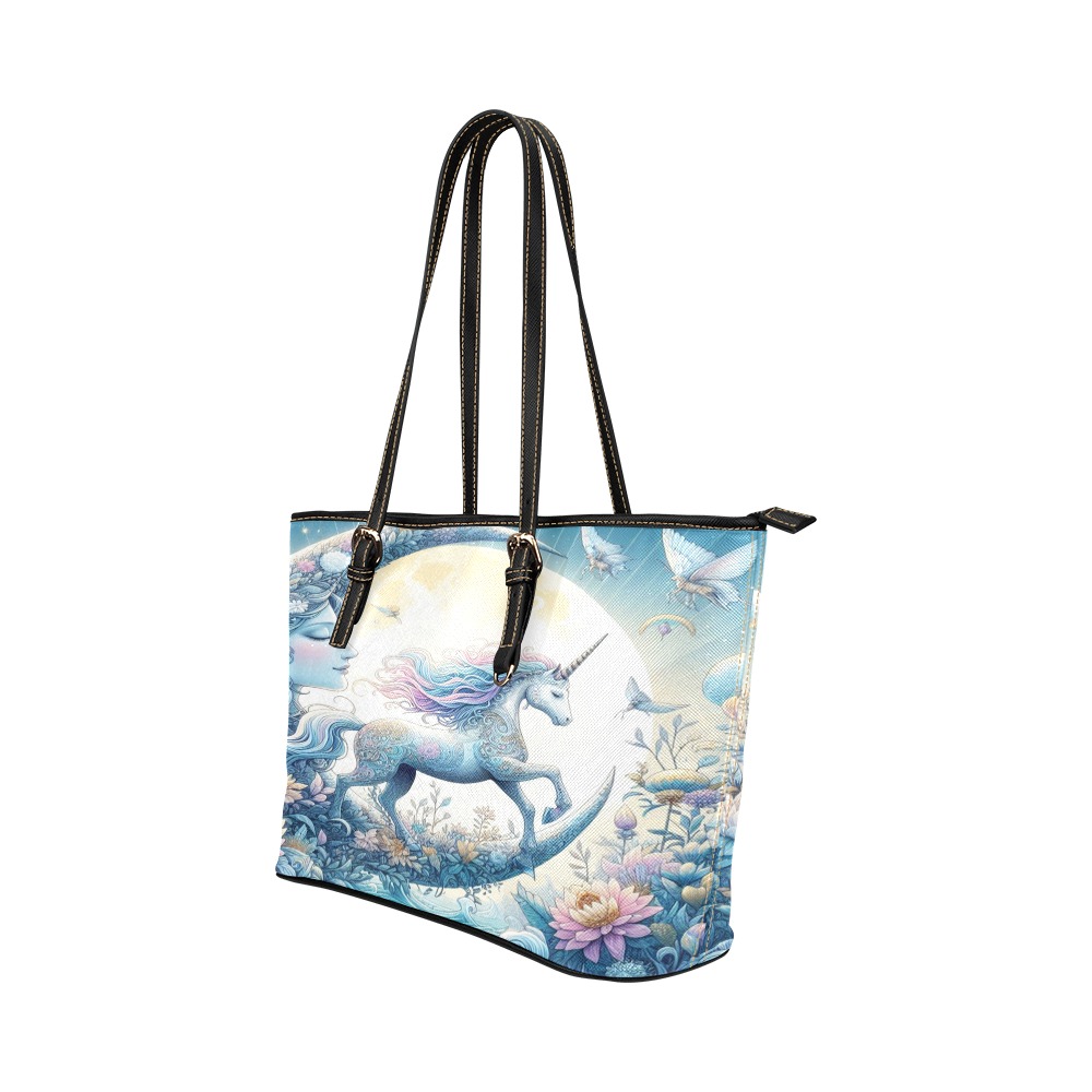 Unicorn And The Moon Leather Tote Bag/Large (Model 1651)