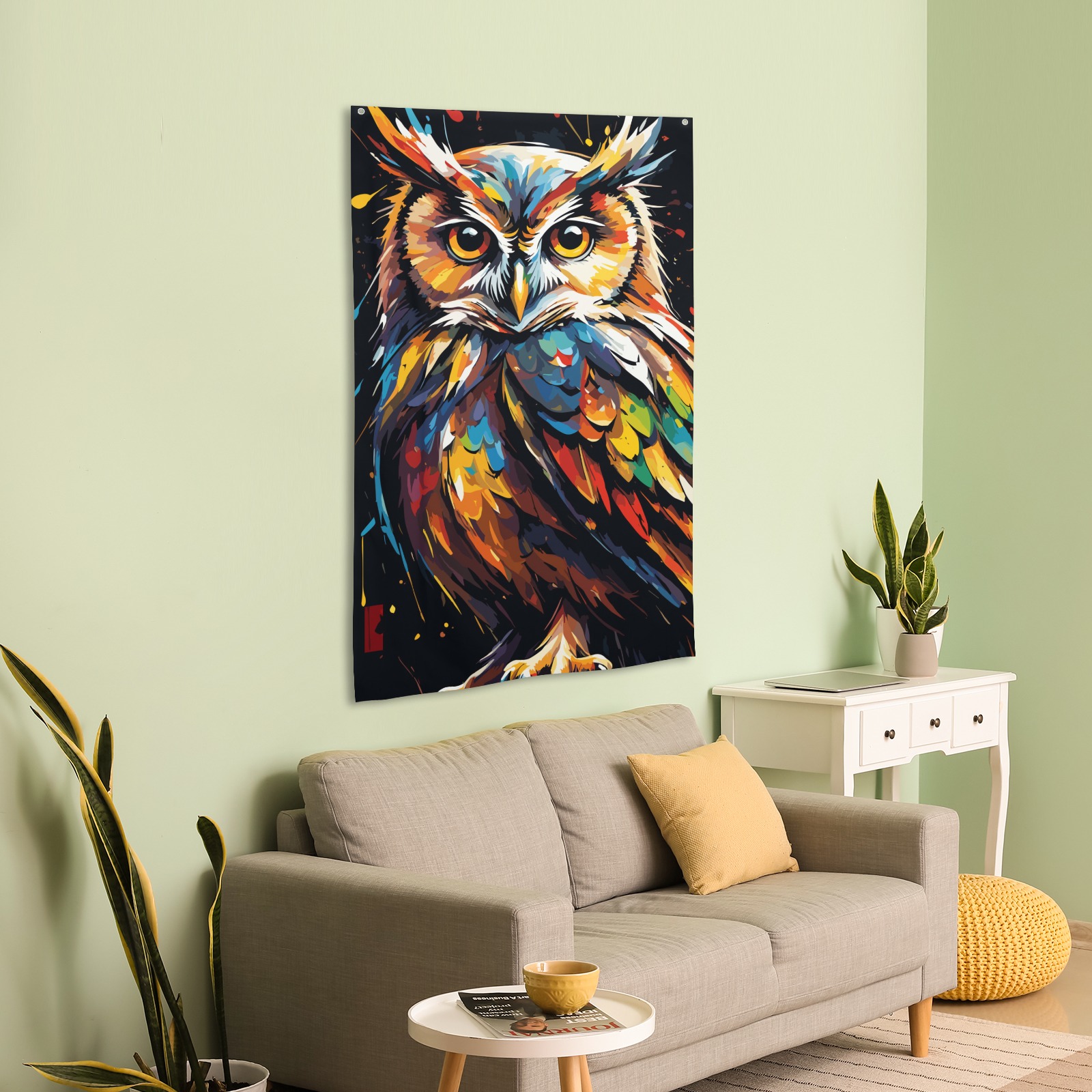 Awesome owl bird. Classy colorful fantasy art House Flag 34.5"x56"