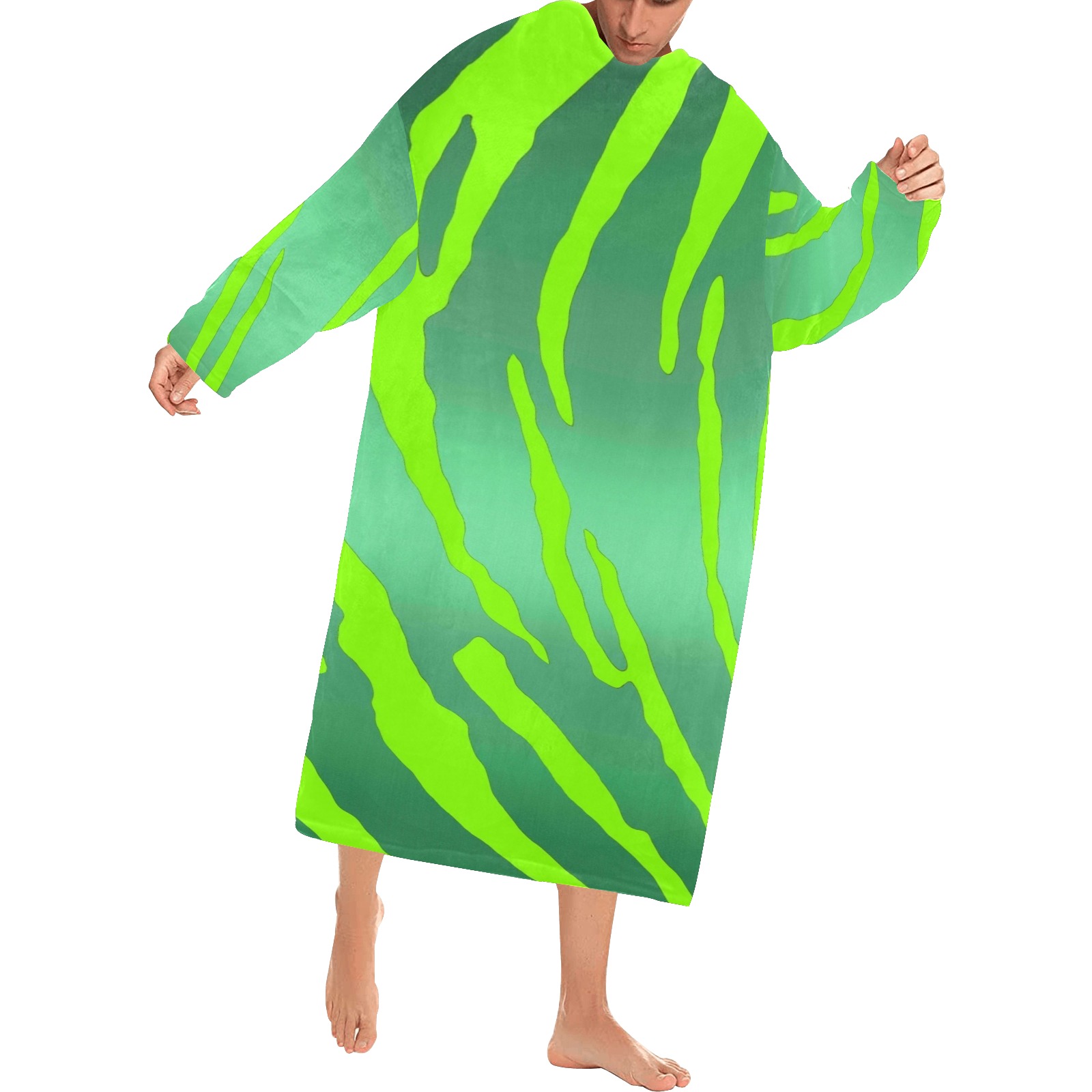 Metallic Tiger Stripes Greens Blanket Robe with Sleeves for Adults
