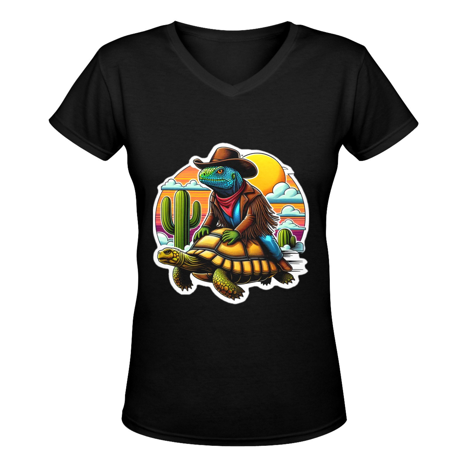 IGUANA RIDING DESERT TORTOISE Women's Deep V-neck T-shirt (Model T19)