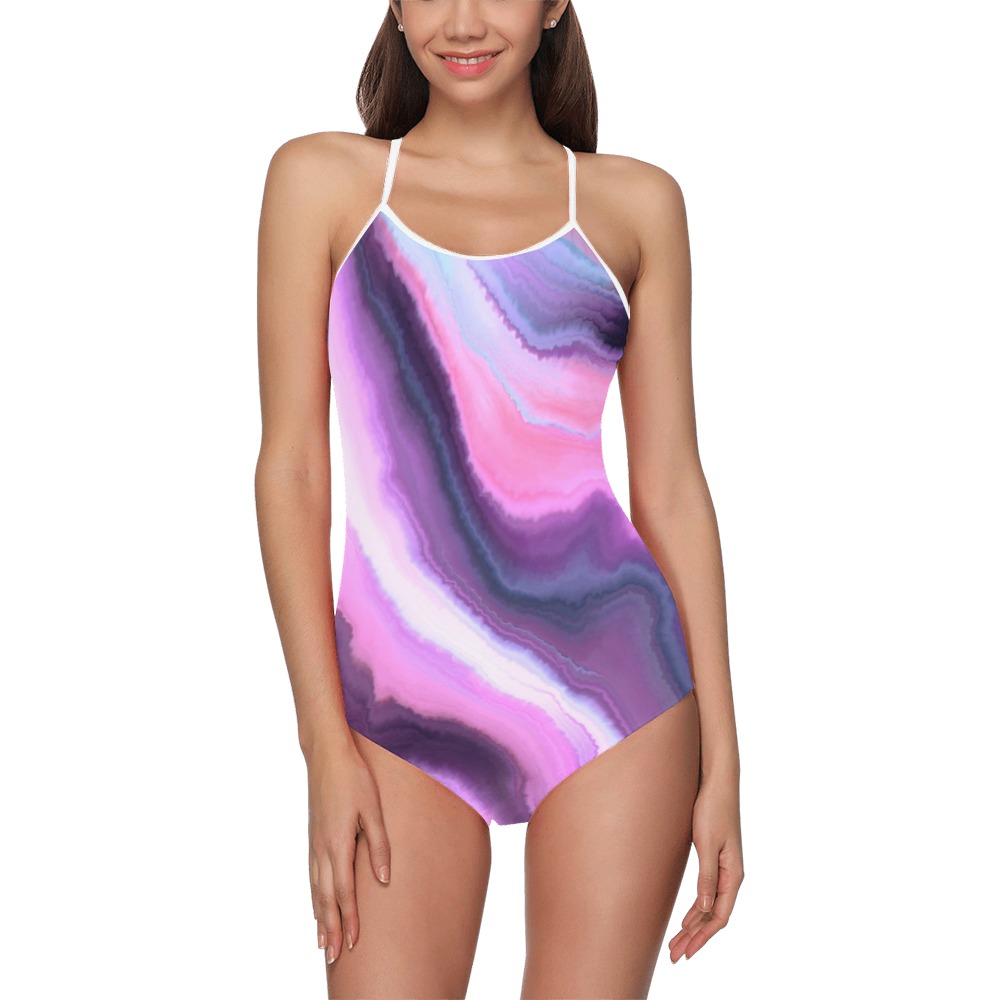 Abstract painting marbled lilac pink Strap Swimsuit ( Model S05)