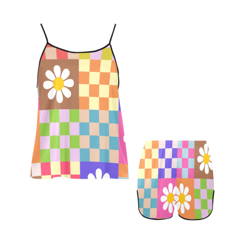 Mid Century Geometric Checkered Retro Floral Daisy Flower Pattern Women's Spaghetti Strap Short Pajama Set
