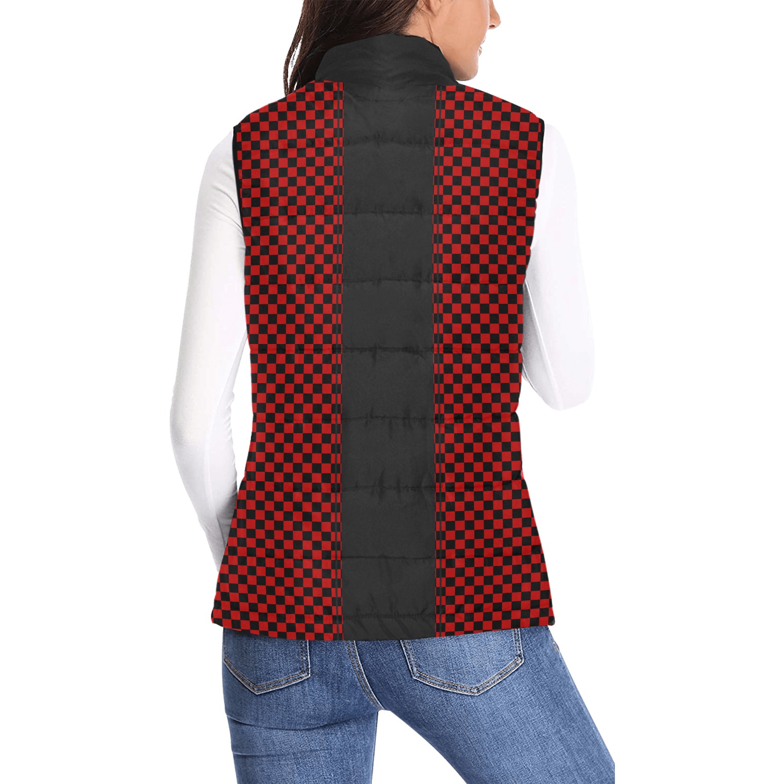 Checkerboard Red Black Stripe Racing Women's Padded Vest Jacket (Model H44)